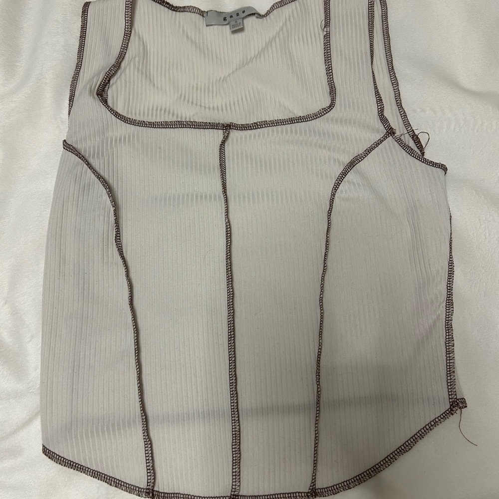 Gaze Sheer Cream Tank Top with Black Stitching